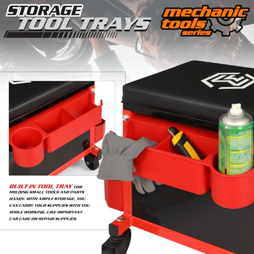 M-AUTO Mechanic Stool Garage Rolling Tool Chest Seat w/Drawer & Tray, 350LBS Capacity Multi-Function Adjustable Height Mechanic Creeper Seat for Projects Inside The Garage and Workshop, Red