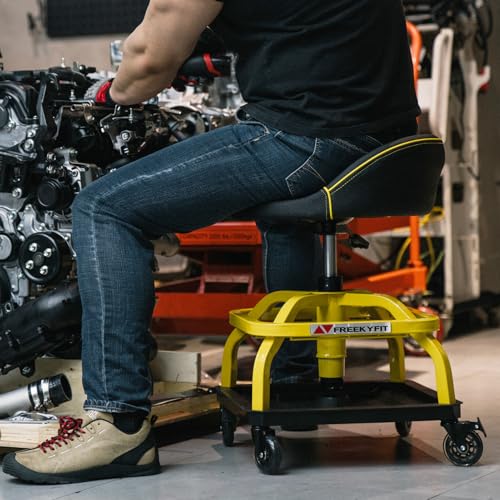 FreekyFit Rolling Shop Stool with Wheels, Garage Work Mechanic Stool with Backrest, Roller Mechanic Chair, Adjustable Height, 360° Swivel, Tool Tray Storage, 330 LBS Capacity, Heavy Duty, Yellow