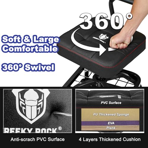 FREEKYROCK Rolling Shop Stool with Wheels, Garage Mechanic Shop Chair with Handle Backrest, Adjustable Height Work Stool, Roller Seat with Tool Tray Storage, Heavy Duty, 330 LBS Capacity, Black
