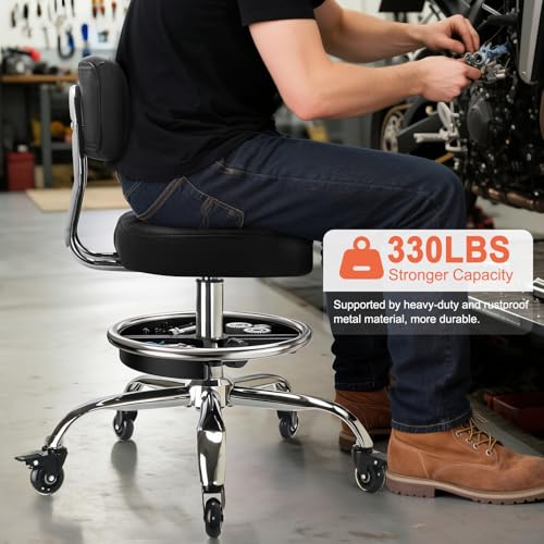 LWADALN Garage Mechanic Stool with Backrest, Height Adjustable Heavy Duty Swivel Task Chair, Rolling Workshop Stool with Tool Tray Storage, Mechanic Chair for Garage, Shop, Auto Repair (Black)