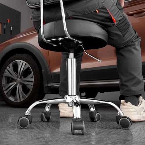 VEVOR Shop Stool with Backrest, Pneumatic Height Adjustable Garage Seat, 300 lbs Load, Roller Creeper Seat, 360 Swivel Padded Workshop Stool, Black
