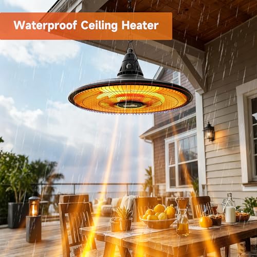 Hanging Heater, 1500W Outdoor Electric Patio Ceiling Heater with Remote Control, Infrared for Courtyard, Garage, Patio, Overheat & Tip-Over Protection, Waterproof, Deep Black
