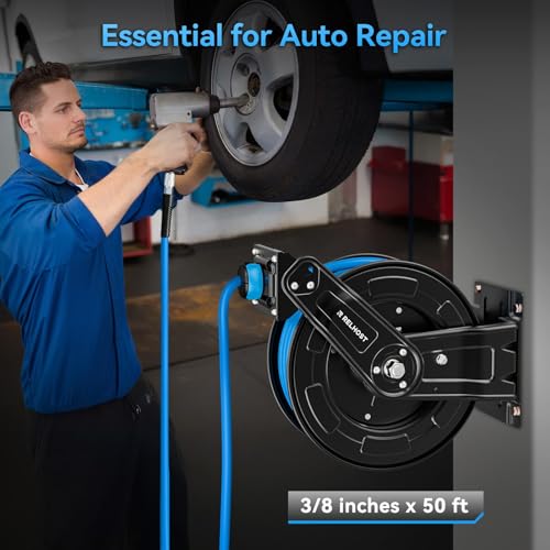 Retractable Air Hose Reel, 50 ft x 3/8 in Hybrid Air Hose (300PSI), Heavy Duty Compressor Hose Reel, Auto Rewind -Wall/Ceiling Mount for Workshops