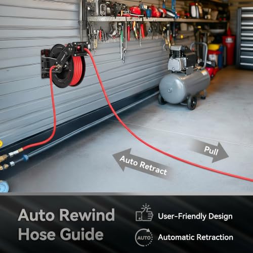 Retractable Air Hose Reel, 50 ft x 3/8 in SBR Rubber Hose Max 300PSI, Heavy Duty Air Compressor with Dual Arms, Auto Rewind, 180° Swivel Ceiling/Wall Mount for Garages, Workshops