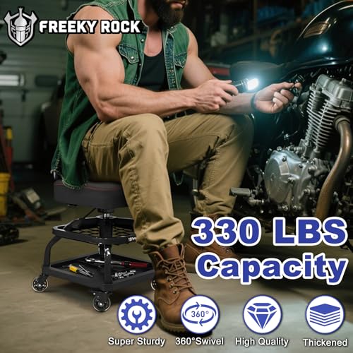 FREEKYROCK Rolling Shop Stool with Wheels, Garage Mechanic Shop Chair with Handle Backrest, Adjustable Height Work Stool, Roller Seat with Tool Tray Storage, Heavy Duty, 330 LBS Capacity, Black