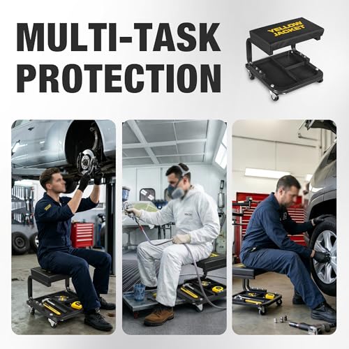 YELLOW JACKET Mechanic Rolling Stool 250 Lbs Capacity, Garage Stool on Wheels with Tool Tray Storage, Work Stools with Wheels for Garage, Shop, Mechanic Chair with Wheels, Auto Repair