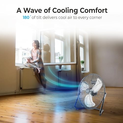 Comfort Zone 20-Inch High-Velocity Industrial Floor Fan, Heavy-Duty 3-Speed Metal Shop Fan with 180° Adjustable Tilt & Carry Handle, Quiet Vibration-Free Cooling for Garage, Workshop, & Home