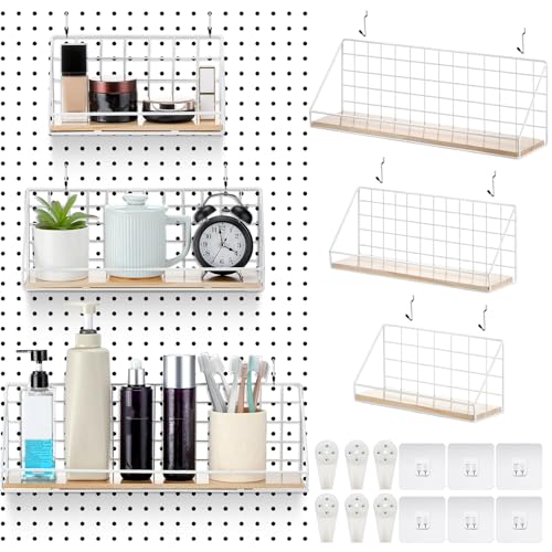 Roowest 3 Sets Metal Pegboard Shelves with Steel Peg Board Brackets and Hooks Wall Organizer Storage Display Tray Accessories for Craft Room Home Office Garage Nursery Workbench Kitchen(White)