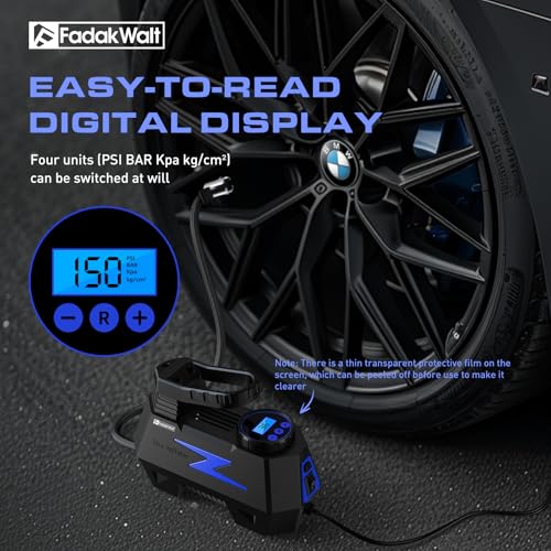 FADAKWALT Tire Inflator Portable Air Compressor, 12V DC Car Air Pump with Auto Shutoff, 150 PSI Digital Gauge, LED Light, Metal Valve Connector, Accessories for Cars, Blue