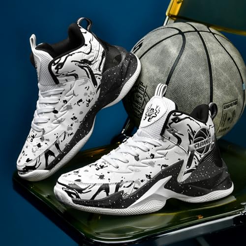 Qiucdzi Men's Basketball Shoes Non-Slip Breathable Outdoor Sneakers Fashion Graffiti Outdoor Sports Training Shoes for Running Walking Black