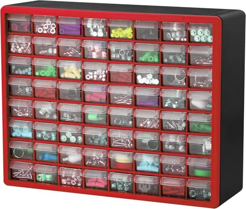 Akro-Mils 64-Drawer Plastic Storage Cabinet, 20" W x 6" D x 16" H, Red
