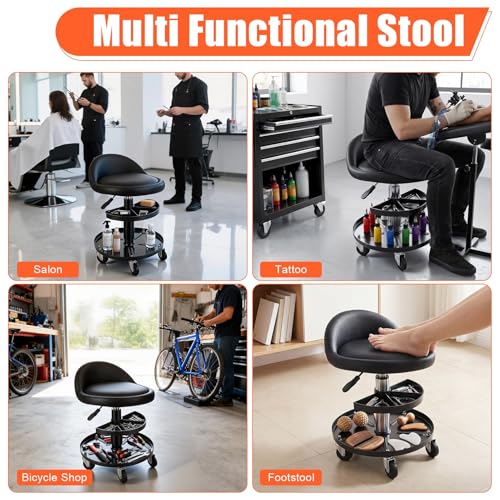 pofluany Rolling Shop Stool with Wheels, Garage Mechanic Stool with Backrest, Adjustable Height Shop Stools with Tool Tray, 300 lb Capacity Mechanic Chair for Garage, Workshop, Auto Repair Black