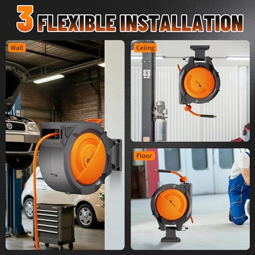 Dkenicor Retractable Air Hose Reel, 3/8" x 120ft Hybrid Hose, Auto Rewind Enclosed Air Compressor Hose Reel with 180° Swivel Bracket, Max 300 PSI Any Length Lock for Garage & Workshop