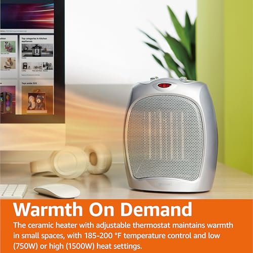Amazon Basics Ceramic Space Heater, Portable Indoor Heating Solution, With Overheat and Tip-Over Protection, Thermostat, Non-Oscillating, 1500W, Fast Heating, 7.52"D x 6.34"W x 9.45"H, Silver