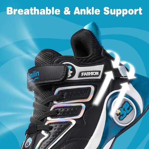 SMILIN Kids Sneakers for Boys, Lightweight Non-Slip Running Shoes with Hook & Loop Strap, Breathable Cushioned School Sports Basketball Shoes Size 11 Black
