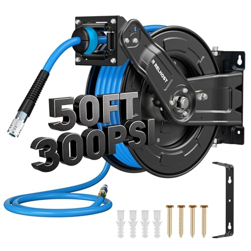 Relhost Retractable Air Hose Reel, 50 ft x 3/8 in Hybrid Air Hose Max 300PSI, Heavy Duty Air Compressor Hose Reel with Dual Arms, Auto Rewind, 180° Swivel Ceiling/Wall Mount for Garages, Workshops