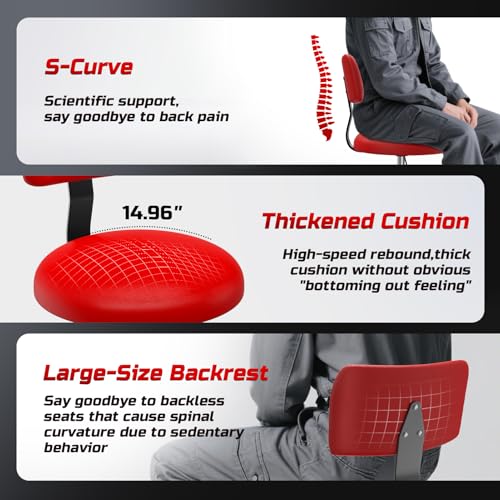 FreekyFit Rolling Shop Stool with Wheels, Mechanic Garage Short Stool Chair with Adjustable Height 15.55"-18.3", Heavy Duty Swivel Roller Seat for Garage, Salon and Tattoo Beauty, Red