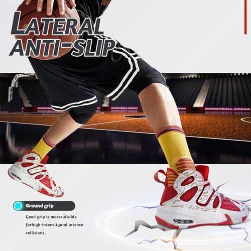 ASHION Mens Basketball Shoes Outdoor Sport Shoes Casual Air Cushioning Sneakers with Arch Support White Red US 9.5