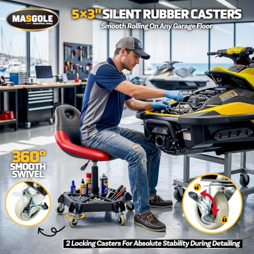 Masgole Rolling Shop Stool with Wheels, 330LBS Capacity Garage Mechanic Stool Seat with Backrest and Tool Tray Storage for Workshop, Pneumatic Adjustable Height Heavy Duty Garage Chair for Work, Red