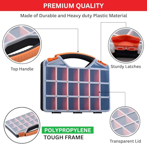 Andalus Tools Organizer Box, Small Parts Storage 18-Compartment Portable Hardware Organizer Removable Plastic Dividers for Screws, Nuts, Bolts, Nails – Orange (1 Pack, 12.75" x 10" x 1.75")