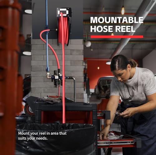 MaxWorks 50998 50ft Auto Rewind Retractable Reel with 3/8" x 50' Air Hose with Brass Fittings