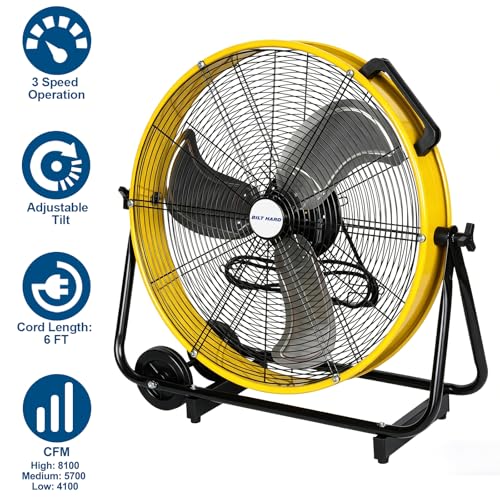 BILT HARD 24" 8100 CFM High Velocity Industrial Drum Fan, 3-Speed Heavy Duty Metal Shop Fan for Warehouse, Workshops, Garage, Factory and Basement