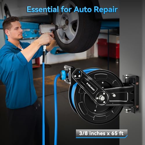 Relhost Retractable Air Hose Reel, 50 ft x 3/8 in Hybrid Air Hose Max 300PSI, Heavy Duty Air Compressor Hose Reel with Dual Arms, Auto Rewind, 180° Swivel Ceiling/Wall Mount for Garages, Workshops