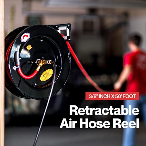 ReelWorks Air Hose Reel 3/8" Inch x 50' Foot SBR Rubber Hose Max 300PSI Commercial Steel Construction
