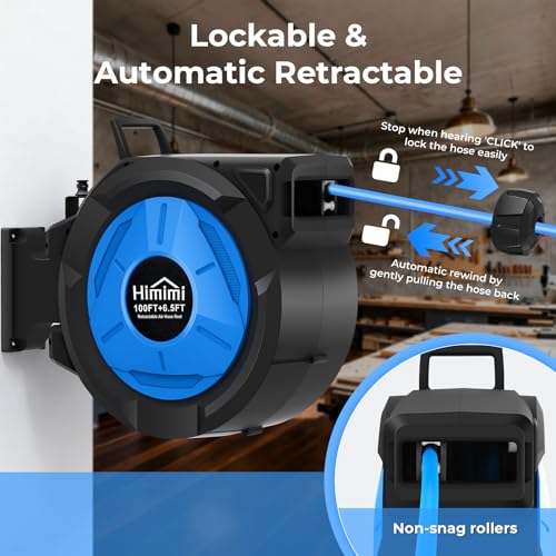 Retractable Air Hose Reel, 3/8" x 100 Ft Hybrid Hose Air Compressor Hose Reel with 6.5 Ft Lead-in Max 300 PSI, Air Hose with Any Length Lock, Automatic Rewind, 180° Swivel Bracket, Quick Coupler
