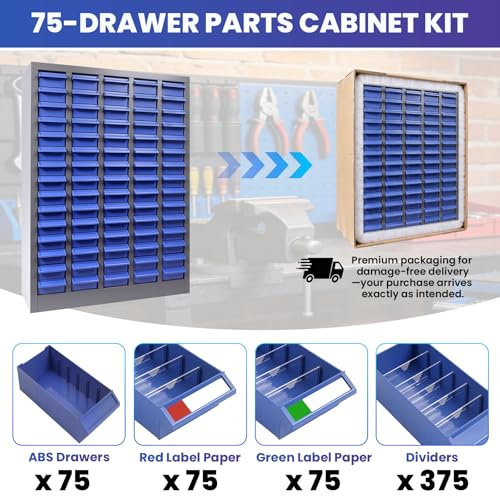 DEFNES 75 Drawer Nut and Bolt Storage Organizer, Parts Cabinet Organizer with Anti-Drop Design, Stainless Steel Bolt Bin Cabinet with ABS Drawers, Tool Cabinet for Office Supplies, Hardware Storage