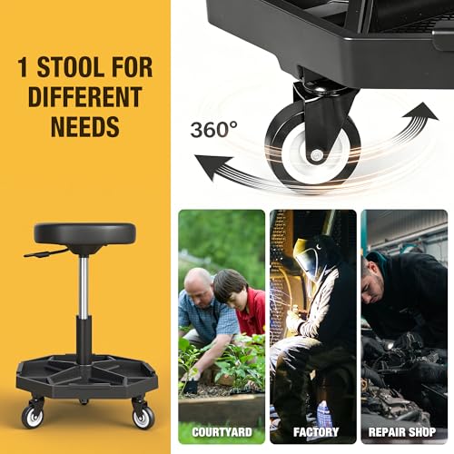 YELLOW JACKET Rolling Garage Seat with Wheels Adjustable Height Pneumatic Mechanic Stool 300Lbs Heavy Duty Shop Creeper Seat with 4 Removable Storage Tool Tray Workshop Chair for Auto Repair