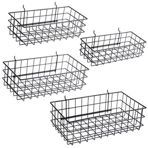Pegboard Baskets, Set of 4 Black - Hooks to Any Peg Board - Pegboard Accessories, Square Style Wire Shelf Baskets - Organize Tools, Workbench, Garage Storage - Wall Organizer Attachments