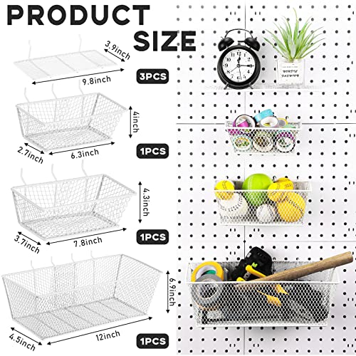 Sieral 6 Pieces Pegboard Baskets Wall Mount Wire Peg Board Baskets 3 Sizes Pegboard Accessories Slatwall Bins Basket Home Garage Hanging Organizer for Tools and Craft(White)
