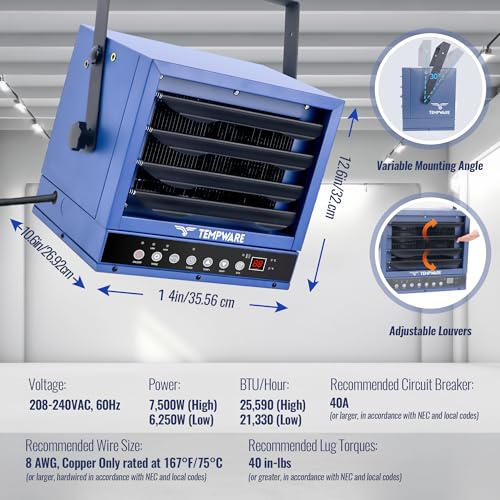 TEMPWARE 240V Hardwired Electric Garage Heater 7500W with Remote Control