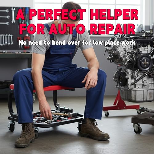 QCUNMAG Rolling Creeper Garage/Shop Seat, Padded Rolling Workshop Stool with Tool Tray Storage, Mechanic Stool for Garage, Shop, Auto Repair, 250 LBS Capacity, Red