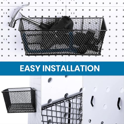 Sieral 4 Pcs Black Pegboard Baskets Metal Wire Shelf Baskets Peg Board Organizer Accessories Wall Mount Organizer Attachments for Garage Workbench Various Tool Accessories, 2 Sizes (Small, Large)