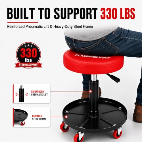 PowerSmart 330 LBS Capacity Roller Seat with Wheels, Pneumatic Rolling Mechanic Stool, 18"-23" Adjustable Height, with Tool Tray, Swivel Creeper Seat for Automotive Repair, Car Detailing & Workshop