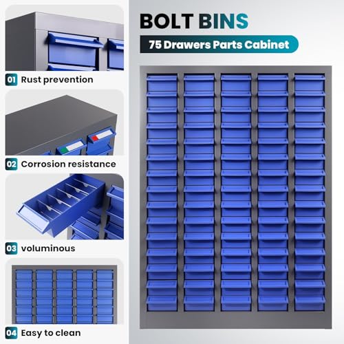 KQZZIV Parts Cabinet with 75 Drawers, 25.8x8.6x35.4 Inches, Small Parts Organizer with ABS Material Drawers, Adjustable Dividers and Labels, Ideal for Workshop and Garage
