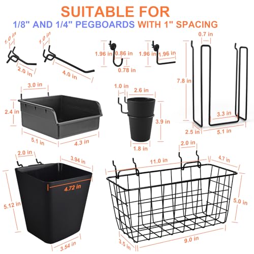 Pegboard Basket Organizers, 42Pack Peg Board Baskets Hooks Bins Cups(Black)