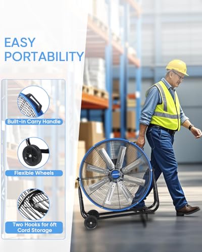 KEN BROWN 24 Inch Industrial Drum Fan, High Velocity Floor Shop Fan, Heavy Duty, 9500 CFM, 8 Blades, 3 Speeds, 360 Degree Tilt, Ideal for Industrial, Commercial, Gym, Garage Use, Blue