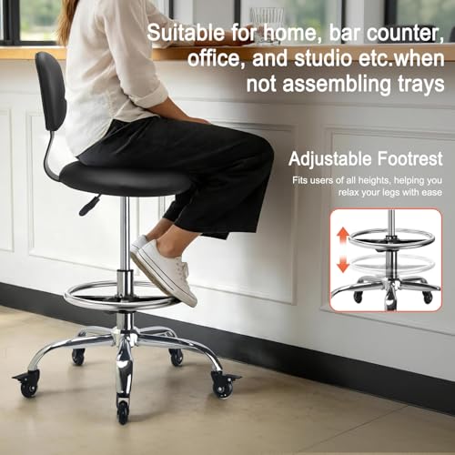 LWADALN Garage Stool with Backrest, Mechanics Rolling Chair Adjustable Footrest, Workshop Chair with Storage Tray, Rolling Shop Stool Height Adjustable, Swivel Task Chair for Salon Tattoo (Black)