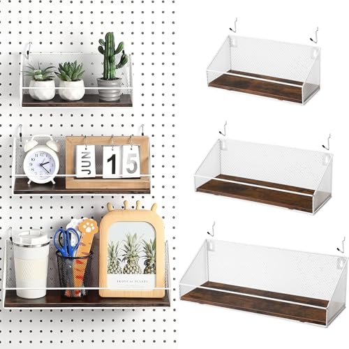Ferrochef 3 Pack Pegboard Accessories Home Office Pegboard Organizer Baskets and Wood Shelves with Hook Peg Board Grid Wall Basket Fences Tool Storage Display for Kitchen Bathroom Garage(White)