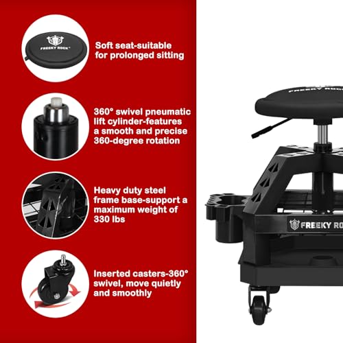 Rolling Shop Stool with Wheels, Heavy Duty Garage Work Mechanic Stool with Backrest, Adjustable Height 22.44"-28.94", 360°Swivel Rolling Chair with Tool Tray Storage, 330 LBS Capacity, Black