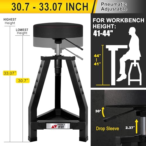 FreekyFit Adjustable Tall Shop Stool, Mechanic Garage Bar Stool Chair, Work Metal Chair for Workshop,360° Swivel Padded Seat, Tool Tray Storage, 350 LBS Capacity, Heavy Duty, Black