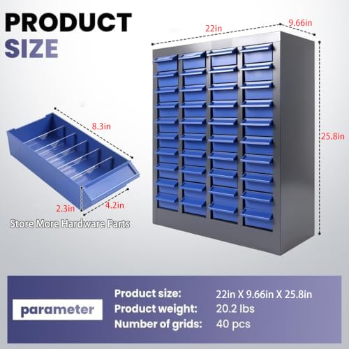 QUARPAL 40-Drawer Small Parts Cabinet Organizer with 200 Dividers, 40 Labels, Heavy Duty Steel Bolt Bin with ABS Drawers, Bolt and Nut Tool Storage Cabinet for Hardware, Nut, Bolt, Screw