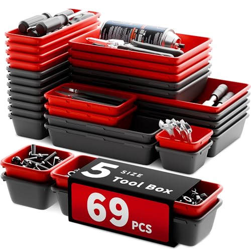 FLYVOLE 69 PCS & 5 Sizes Tool Box Organizer Trays, Black and Red