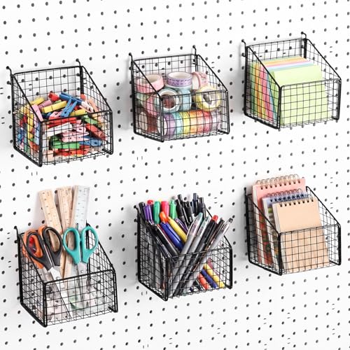 LOYIM 6 Pcs Black Pegboard Baskets Kit Metal Wire Peg Board Shelf Baskets Pegboard Organizer Accessories Bin Set Wall Mount Storage Attachments for Tool Storage Craft Room Garage Small Parts Workbench