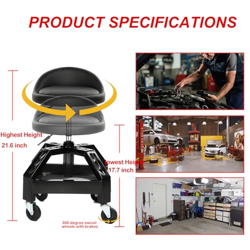 RCIACRHT Garage Shop Rolling Seat, Heavy Duty Adjustable Rolling Mechanic Stool with Lockable 360° Wheels, 350 Lbs Capacity, Work Stool with Tool Tray for Garage & Workshop