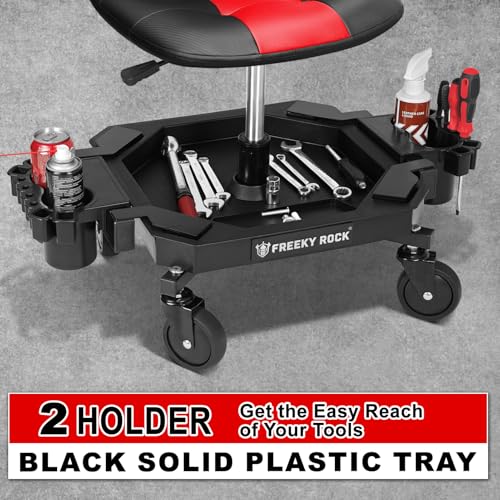 FREEKYROCK Rolling Stool with Wheels, Adjustable Height Pneumatic Garage Work Mechanic Stool Seat with Backrest, 400 LBS Capacity 360° Swivel Mechanic Crepper Chair with Tool Tray Storage, Red