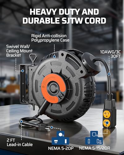 DEWENWILS 20Amp Retractable Extension Cord Reel,10AWG SJTW Industrial Cable